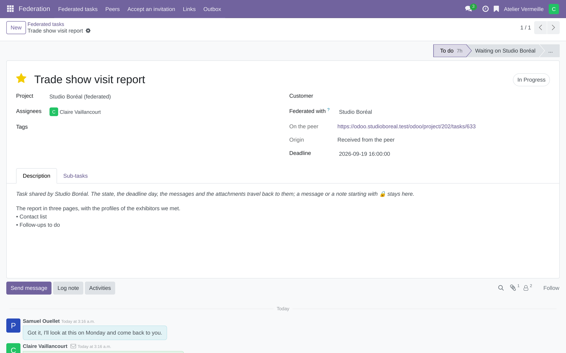 The federated task as it appears on the partner's side: project 'Studio Boréal (federated)', state In progress, column To do, assigned to the person the peer designates, and the link back to the original task.