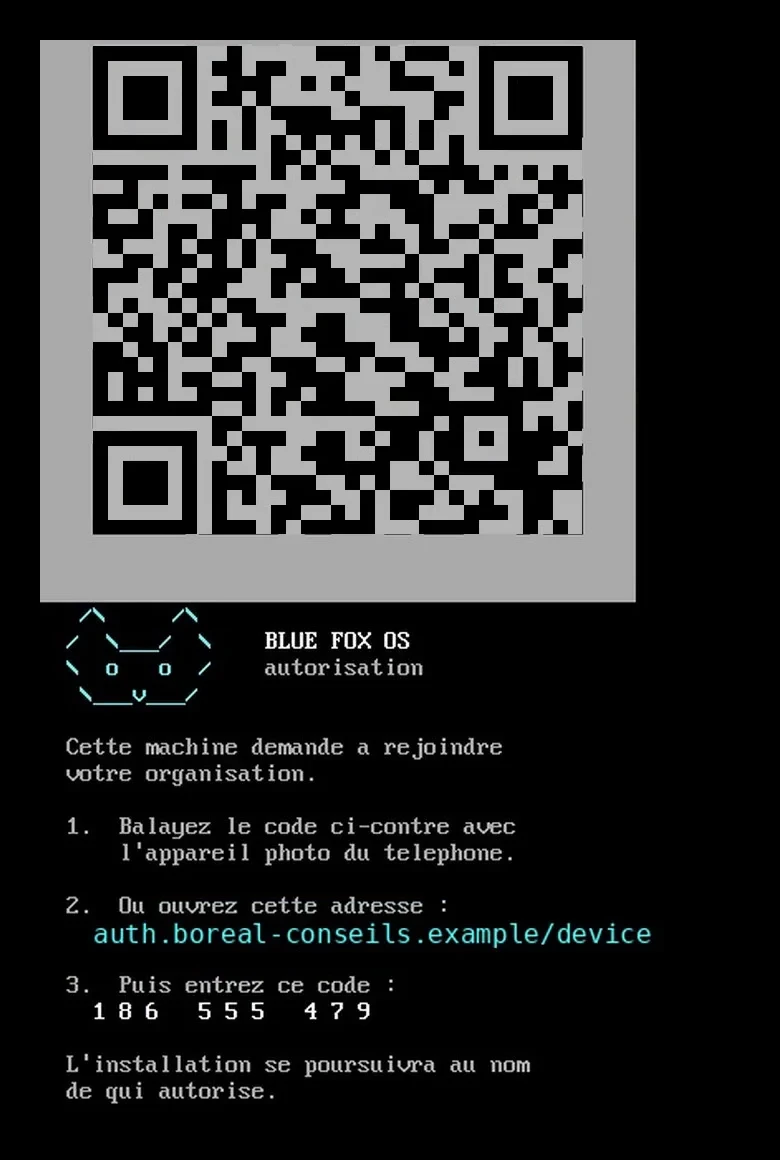 Écran d'autorisation de l'installateur Blue Fox OS : un grand code QR, puis les consignes « Balayez le code ci-contre avec l'appareil photo du téléphone », ou ouvrez l'adresse auth.boreal-conseils.example/device et entrez le code 186 555 479. L'organisation est fictive.